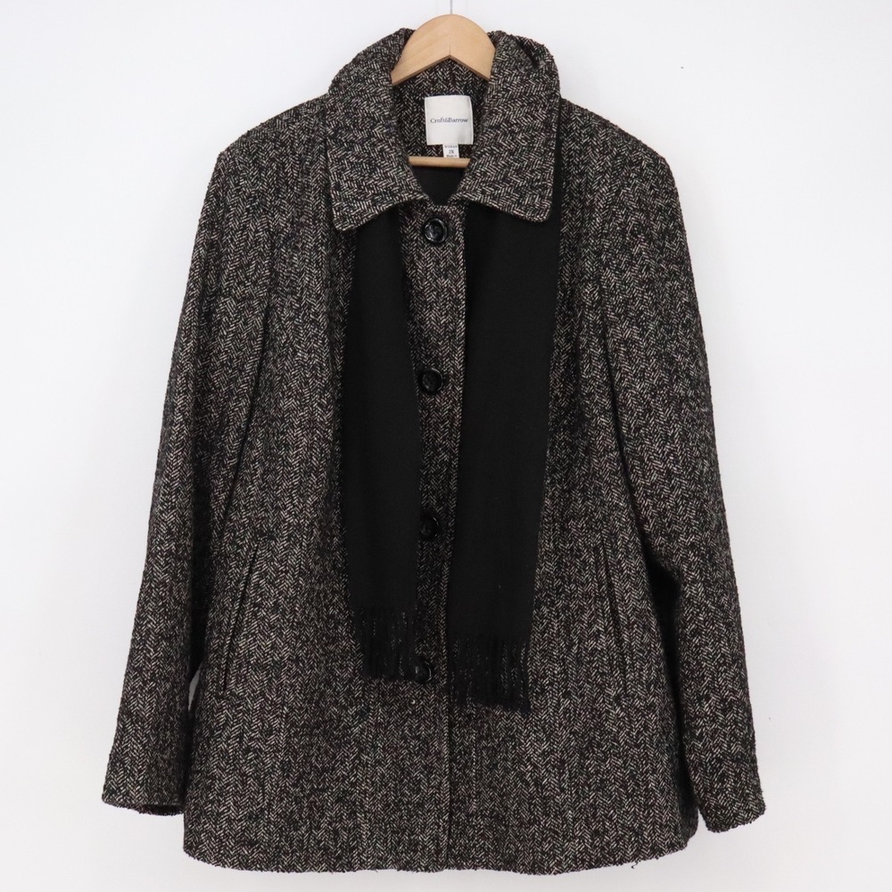 Croft & Barrow Wool Coat Women 2X Herringbone Black Button-Front Scarf Excellent